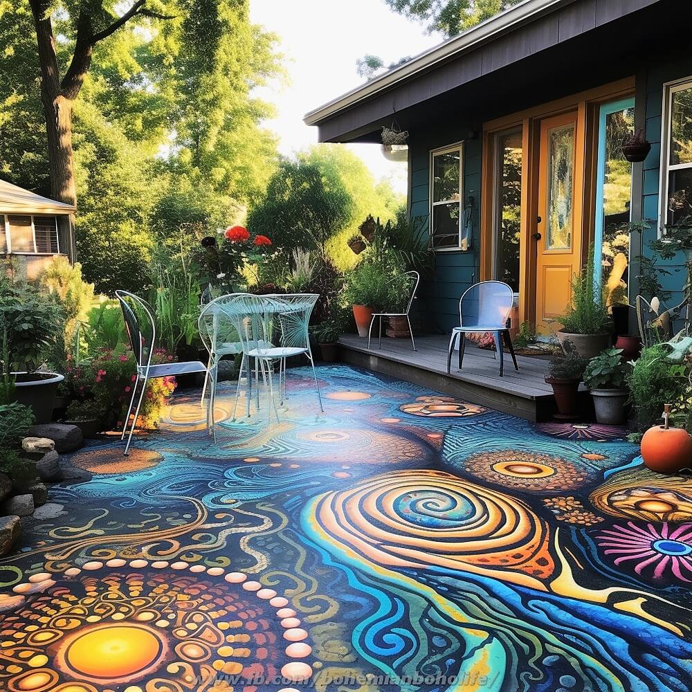 bohemian and hippie style colorful garden deck floor ideas (11)