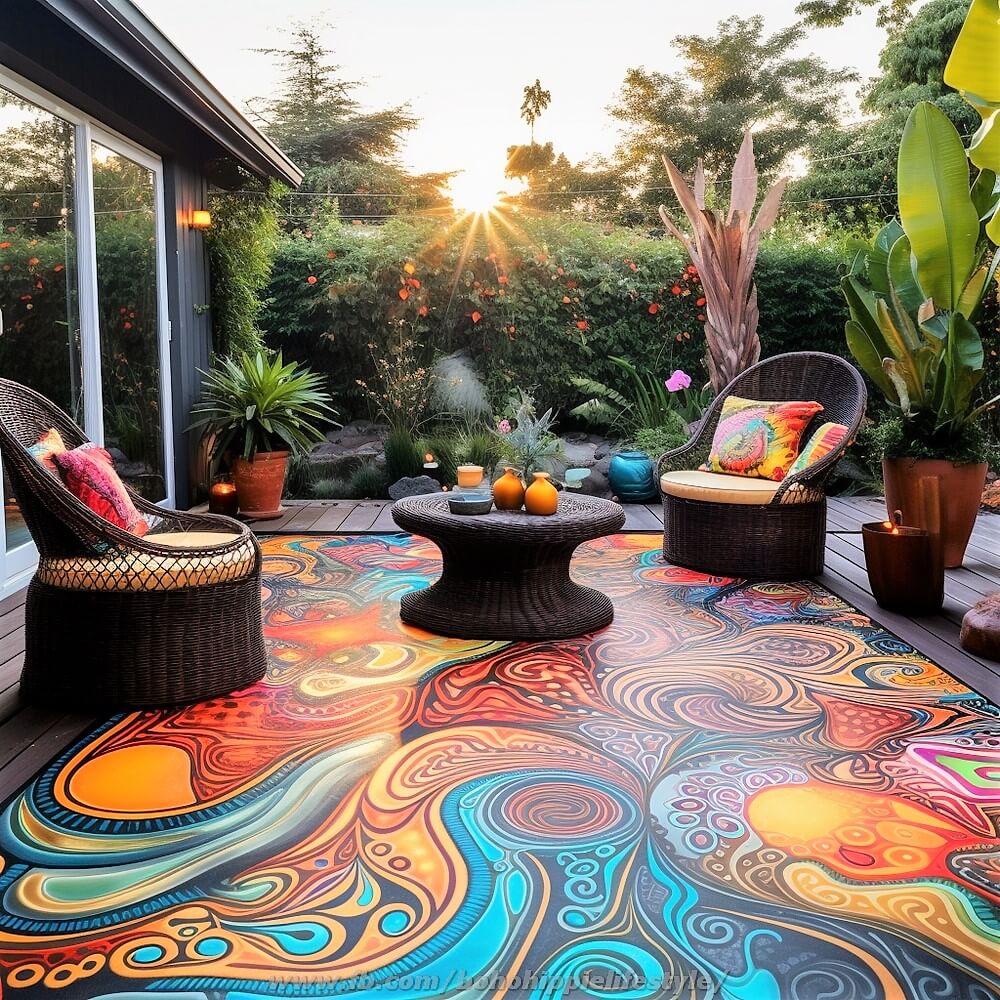 bohemian and hippie style colorful garden deck floor ideas (19)