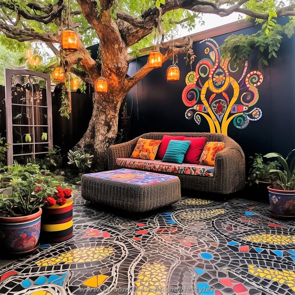 bohemian and hippie style colorful garden deck floor ideas (4)