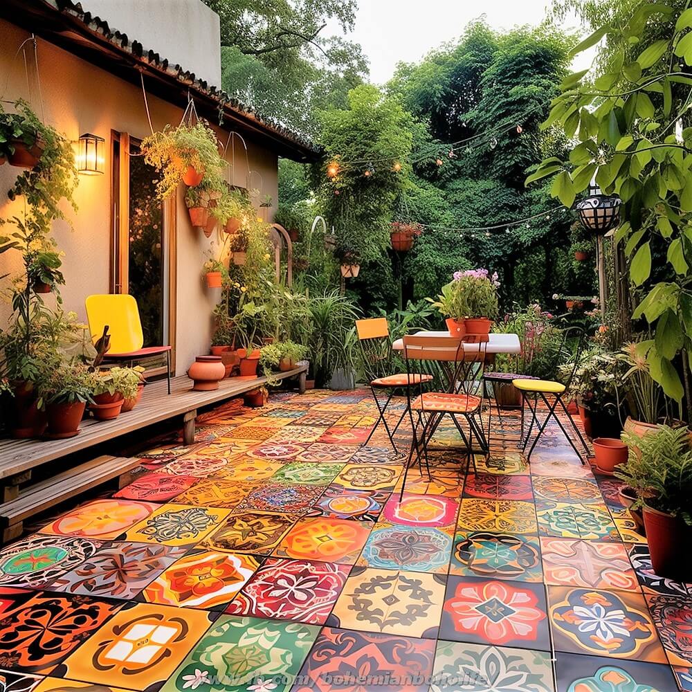 bohemian and hippie style colorful garden deck floor ideas (5)