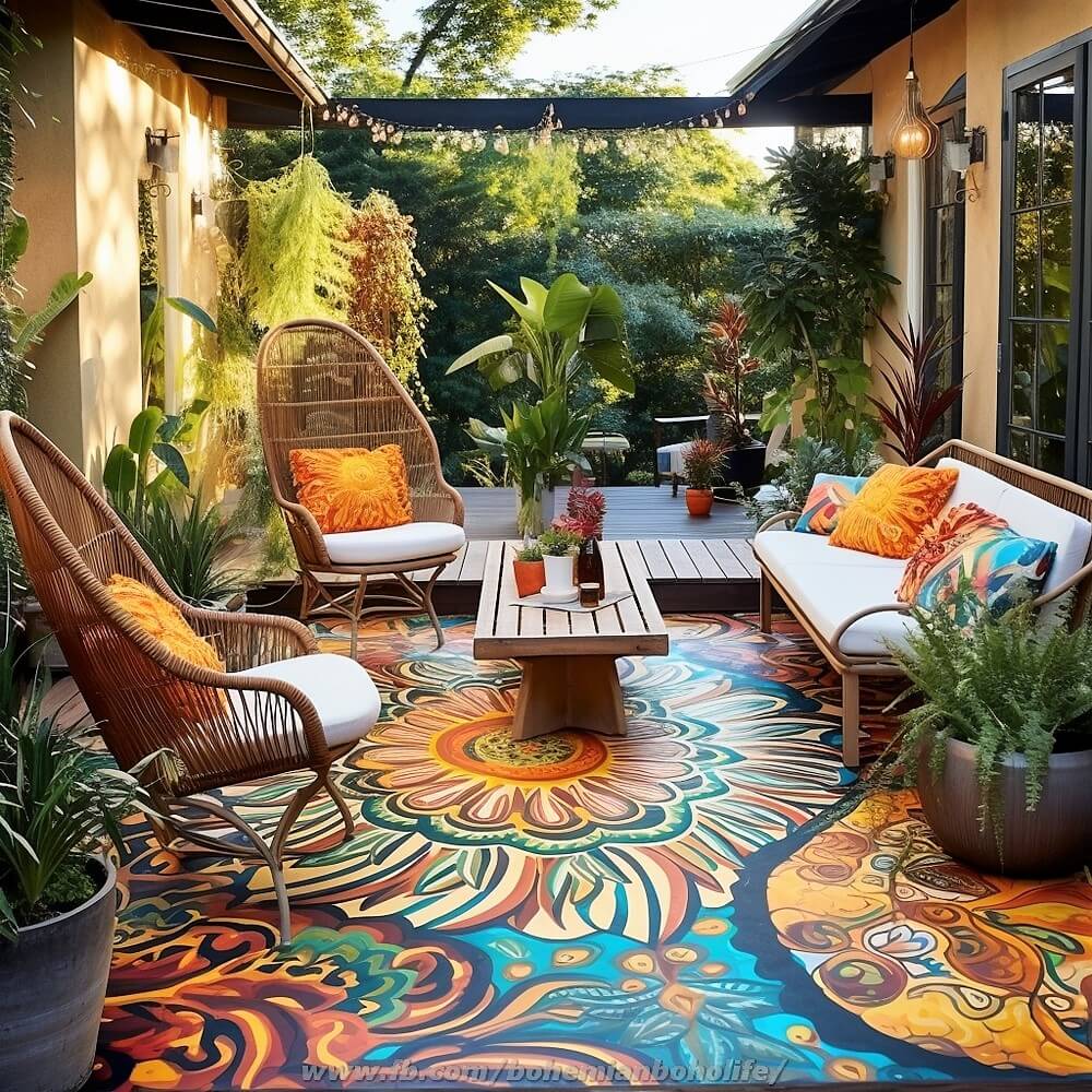 bohemian and hippie style colorful garden deck floor ideas (6)